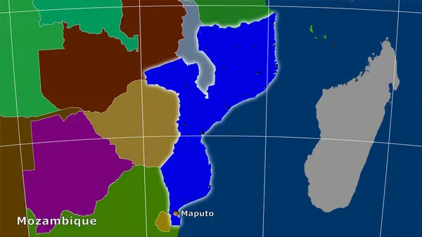 Stereografik Projeksiyondaki Idari Bölümler Haritasında Mozambik Alan Ana Bileşim — Stok fotoğraf