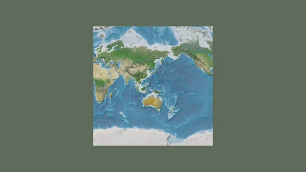 Square frame of the large-scale map of the world in an oblique Van der Grinten projection centered on the territory of Palau. Satellite imagery
