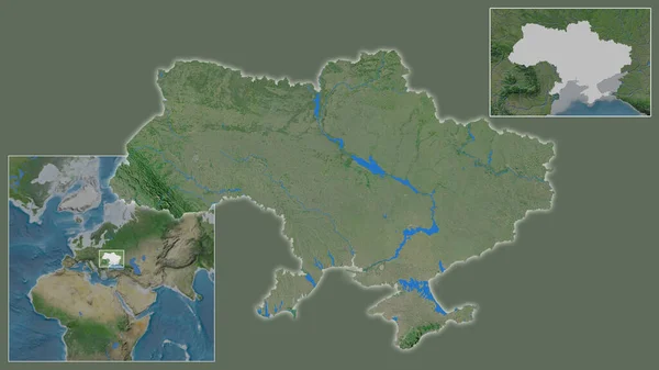 乌克兰的近景及其在该地区的位置 以及在大比例尺世界地图中心的位置 卫星图像 — 图库照片