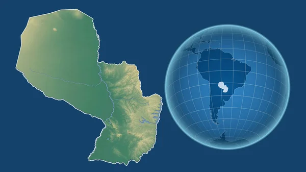 Paragwaj Globus Kształcie Kraju Powiększonej Mapie Odizolowanym Zarysem Niebieskim Tle — Zdjęcie stockowe