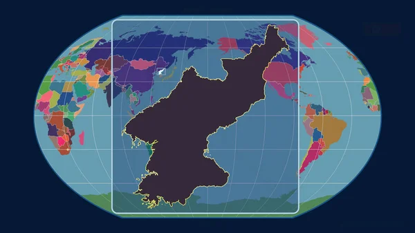 Přiblížený Pohled Severní Koreu Perspektivními Liniemi Proti Globální Mapě Projekci — Stock fotografie