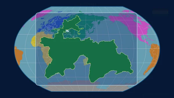 以透视线与Kavrayskiy投影中的全球地图对齐的塔吉克斯坦缩放视图 形体中心 各大洲的彩色地图 — 图库照片