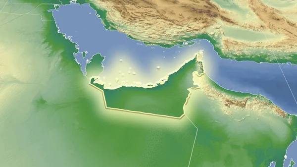 阿拉伯联合酋长国及其邻国 遥远的斜向透视 形状闪闪发光 彩色物理图 — 图库照片