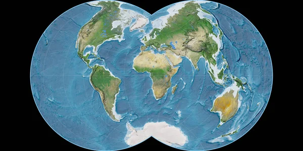 Světová Mapa Maurerovi Plná Kulová Projekce Zaměřená Východní Délky Satelitní — Stock fotografie