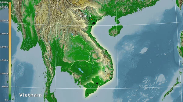 凡例付きの立体投影におけるベトナムエリア内の物理的な地図 主な組成 — ストック写真