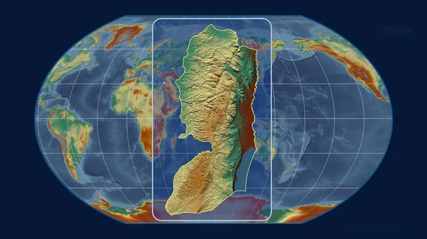 欧米銀行のアウトラインを視野に入れて拡大し 世界地図に対する視点線がカヴァライスキー予測で示されている 形を中心に 地形図によると — ストック写真