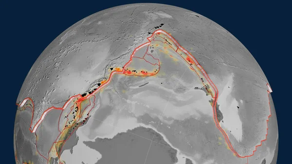Plaque Tectonique Pacifique Extrudée Sur Globe Carte Altitude Niveaux Gris — Photo