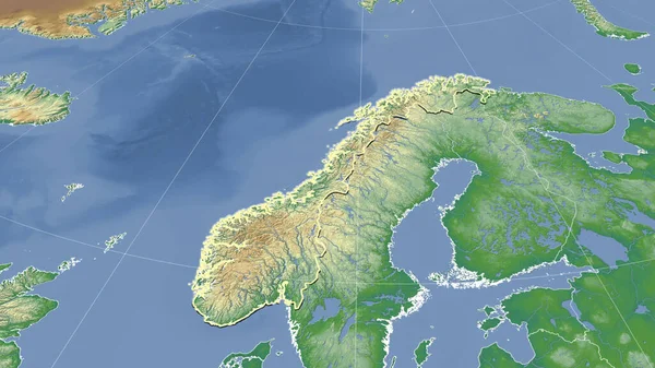 Norwegia Jej Okolica Daleka Perspektywa Ukośna Zarysowany Kształt Kolor Mapa — Zdjęcie stockowe