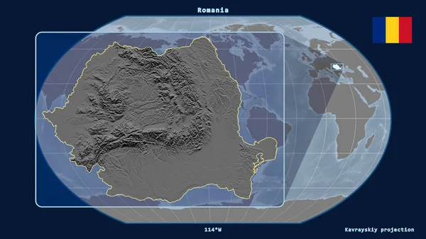 Vergrößerte Ansicht Rumäniens Mit Perspektivischen Linien Gegen Eine Weltkarte Der — Stockfoto