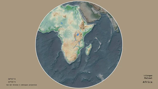 Área Malawi Centró Círculo Que Rodea Continente Sobre Fondo Desaturado — Foto de Stock