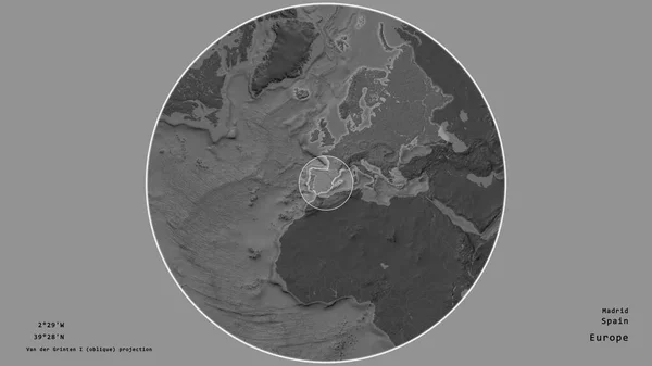 Área Espanha Marcada Com Círculo Mapa Grande Escala Continente Isolado — Fotografia de Stock