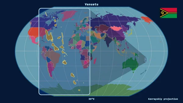 世界地図に対する視点線でバヌアツのアウトラインを拡大した空の投影図 左側の形 行政区画のカラーマップ — ストック写真