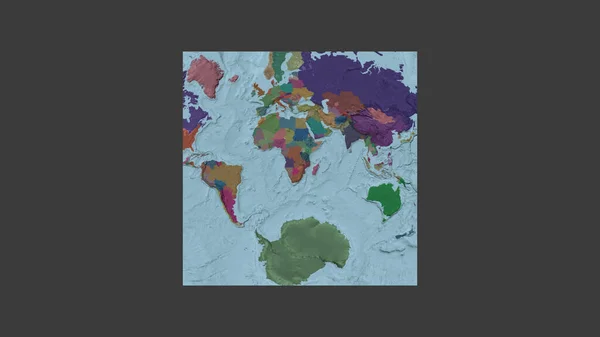 Square frame of the large-scale map of the world in an oblique Van der Grinten projection centered on the territory of Zimbabwe. Color map of the administrative division