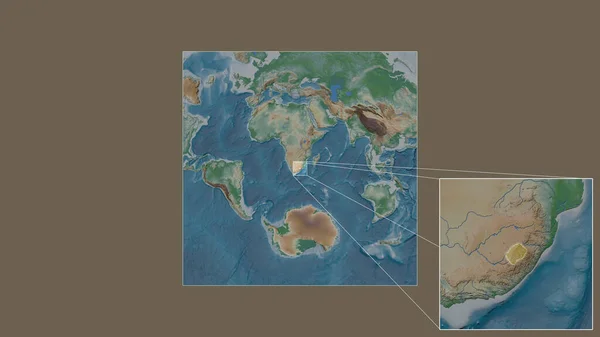 世界の大規模地図から抽出されたレソトの拡大拡大領域と フレームの隅を結ぶ主要線 地図の色 — ストック写真