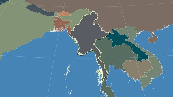 Myanmar Jeho Okolí Vzdálená Šikmá Perspektiva Obrys Barevná Mapa Rozdělení — Stock fotografie