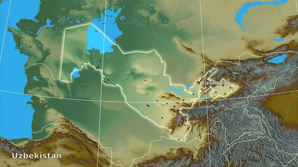 Uzbekistan area on the topographic relief map in the stereographic projection - main composition