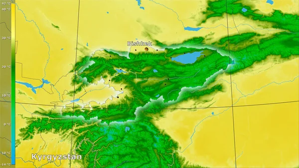 Maximale Temperatur Des Wärmsten Monats Raum Kirgisistan Der Stereographischen Projektion — Stockfoto