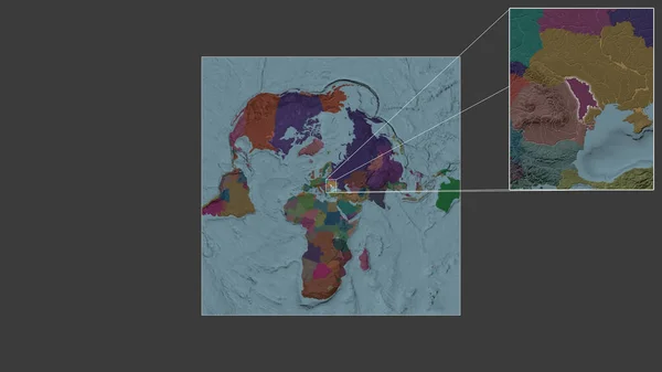 从世界大比例尺地图中提取出的摩尔多瓦扩大和扩大的地区 其主要线连接了框架的各个角落 行政区划的彩色地图 — 图库照片