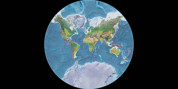 兰伯特 拉格朗日投影中的世界地图以东经11度为中心 主要地貌地貌特征 具有满意和构造板块边界的栅格组合物 3D插图 — 图库照片