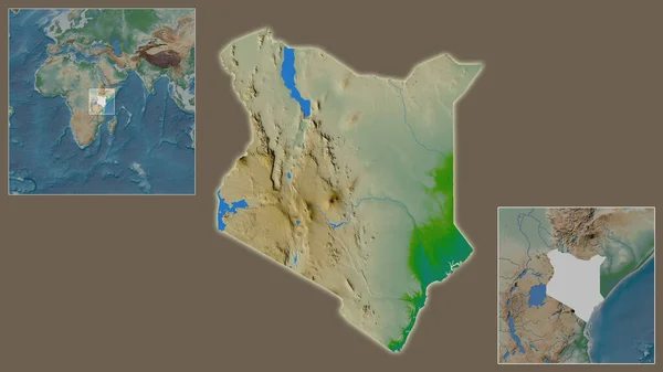 肯尼亚的近景及其在该地区的位置 以及在一个大比例尺世界地图中心的位置 彩色物理图 — 图库照片