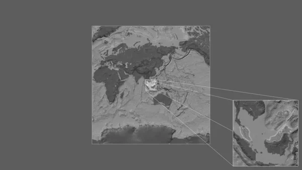 世界の大規模な地図から抽出されたマレーシアの拡大拡大領域と フレームの隅を結ぶ主要線 標高マップ — ストック写真