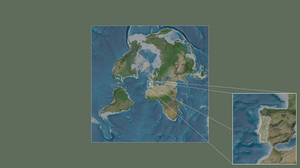 从世界大比例尺地图中提取出的葡萄牙扩大和扩大的区域 其主要线连接了框架的各个角落 卫星图像 — 图库照片