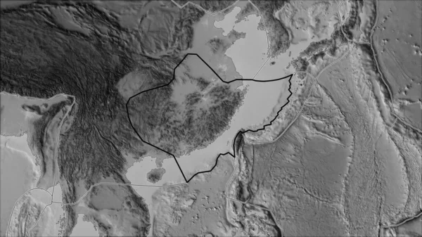 Очерченная Тектоническая Плита Янцзы Границы Соседних Плит Карте Серого Оттенка — стоковое фото