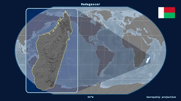 用透视线与Kavrayskiy投影中的全球地图对齐 放大马达加斯加的轮廓 在左边的形状 灰度高程图 — 图库照片