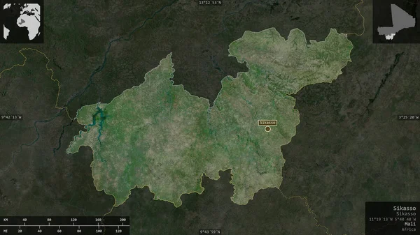 Sikasso Region Mali Satellitenbilder Gestalt Die Sich Mit Informativen Überlagerungen — Stockfoto