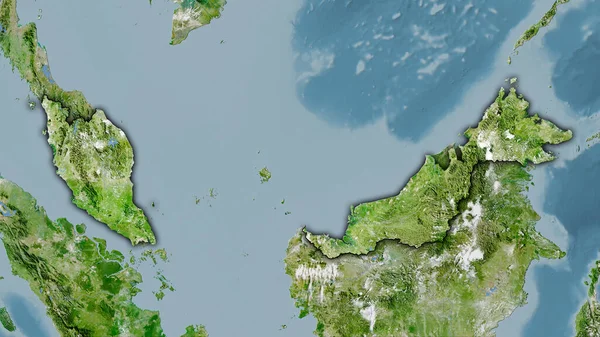衛星上のマレーシア領域立体投影の地図 暗い輝線の輪郭を持つラスター層の生の組成 — ストック写真