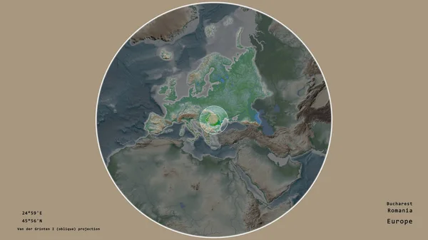 罗马尼亚的区域 在该大陆的大比例尺地图上有一个圆圈 在绝望的背景下孤立起来 大写的地理推论和名称 彩色物理图 — 图库照片