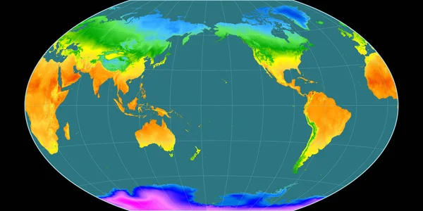 Winkel Tripel投影中的世界地图以西经170度为中心 平均年温度图 具有满意性能的栅格原料复合材料 3D插图 — 图库照片