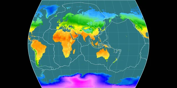 World map in the Times Atlas projection centered on 90 East longitude. Mean annual temperature map - composite of raster with graticule and tectonic plates borders. 3D illustration