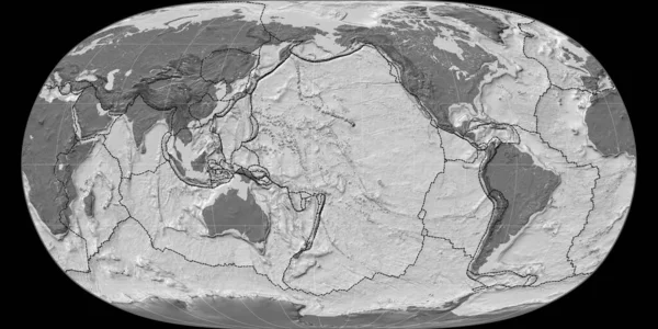 World map in the Natural Earth projection centered on 170 West longitude. Bilevel topographic map - composite of raster with graticule and tectonic plates borders. 3D illustration