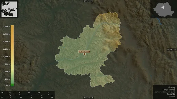 Mures 罗马尼亚县 湖泊和河流的彩色阴影数据 以信息覆盖的形式呈现在其国家区域上 3D渲染 — 图库照片