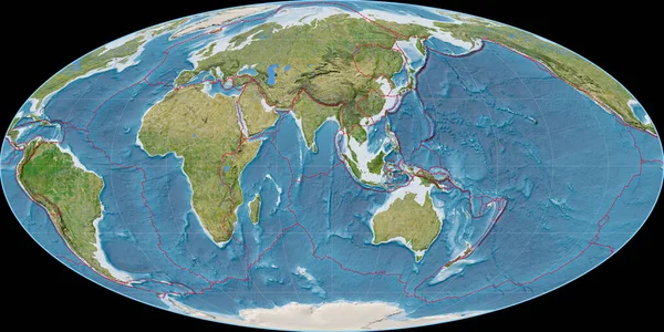 摩尔魏德投影中的世界地图以东经90度为中心 卫星图像B 具有满足和构造板块边界的栅格组合 3D插图 — 图库照片