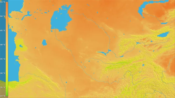 带有图例的立体投影中乌兹别克斯坦地区的年均温度变化 光栅层的原始成分 — 图库照片