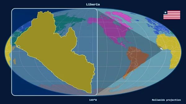 Увеличенный Вид Либерии Перспективными Линиями Против Глобальной Карты Проекции Моллвейда — стоковое фото