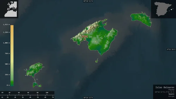 Islas Baleares, autonomous community of Spain. Colored shader data with lakes and rivers. Shape presented against its country area with informative overlays. 3D rendering
