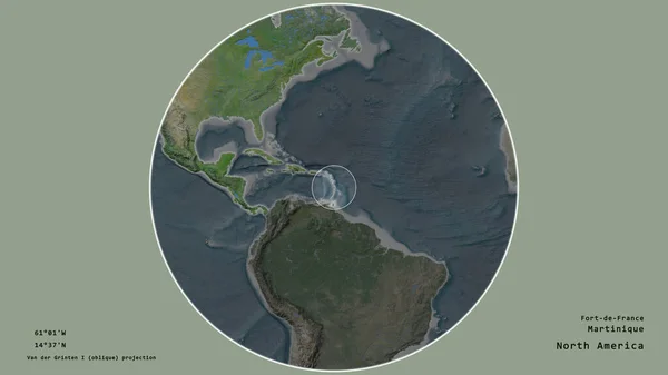 马提尼克岛的一个区域 在该大陆的大比例尺地图上有一个圆圈 在绝望的背景下孤立起来 大写的地理推论和名称 卫星图像 — 图库照片