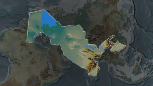 Территория Узбекистана Расширилась Засияла Затемненном Фоне Окрестностей Карта Рельефа — стоковое фото