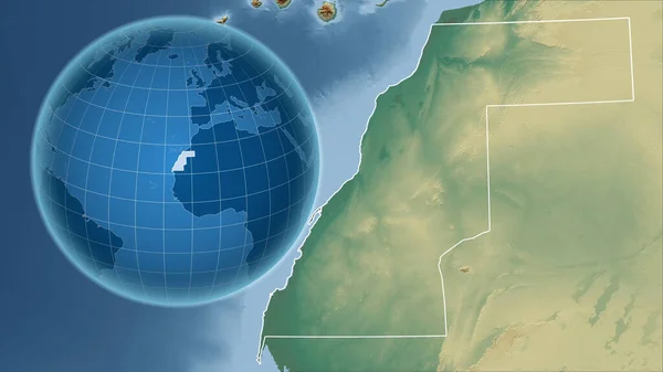 西サハラだ アウトラインを持つ拡大地図に対して国の形を持つグローブ 地形図によると — ストック写真