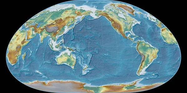 Mapa Świata Projekcji Loximuthal Skupiona 170 Zachodniej Długości Geograficznej Topograficzna — Zdjęcie stockowe