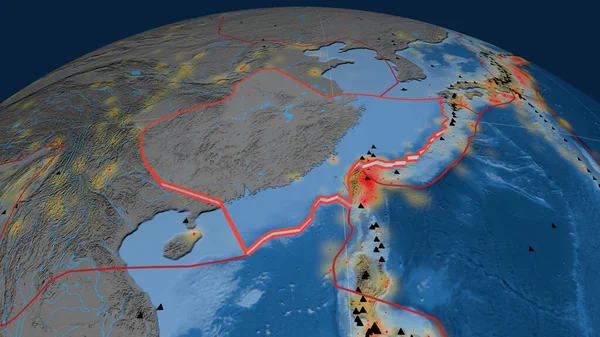 Tektonická Destička Yangtze Vytlačila Zeměkouli Topografie Bathymetrie Barevná Mapa Nadmořské — Stock fotografie