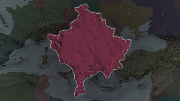 Территория Косово Расширялась Светилась Темном Фоне Окрестностей Цветная Карта Административного — стоковое фото