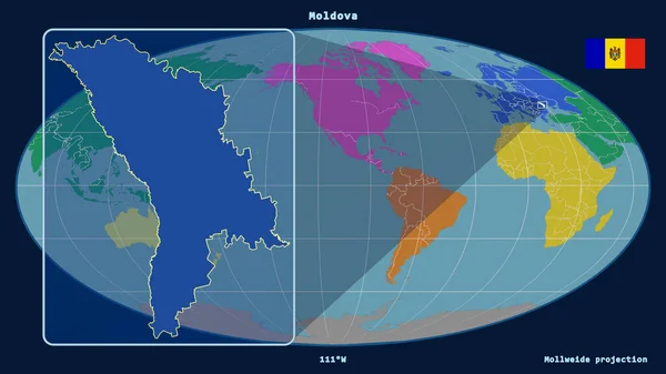 Zoomed View Moldova Outline Perspective Lines Global Map Mollweide Projection — Stock Photo, Image