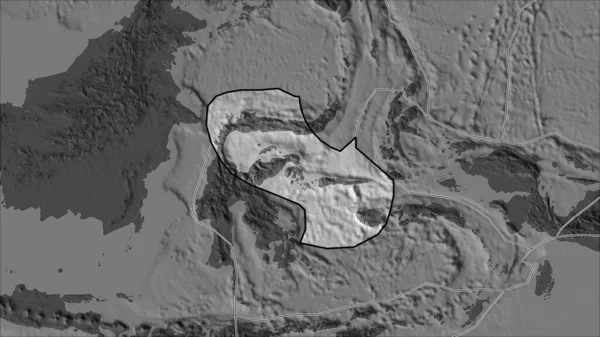 隣接する地域の砂漠化によって分離された二階の標高地図上のモルッカ海地殻プレートの概要 ヴァン グリンテンI予測 斜めの変換 — ストック写真