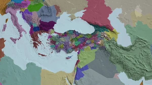 Туреччина Збільшена Прилегла Кольорові Зігнуті Карти Адміністративного Поділу Візуалізація — стокове фото