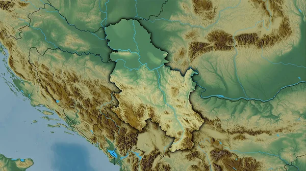 立体投影図上の地形救済マップ上のセルビア領域 暗い輝線アウトラインを持つラスター層の生の組成 — ストック写真