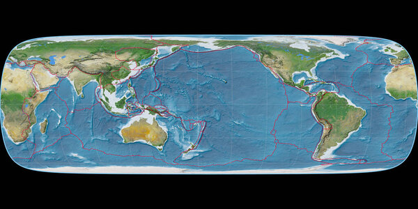 Карта мира в проекции Тоблера G1 сосредоточена на 170 западной долготе. Спутниковые снимки A - композитный растровый материал с границами тектонических плит. 3D иллюстрация